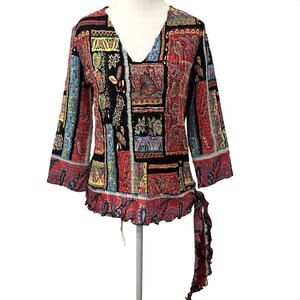 Alberto Makali Womens Top L Crinkle Satin Paisley Patchwork Sequin Artsy Stretch